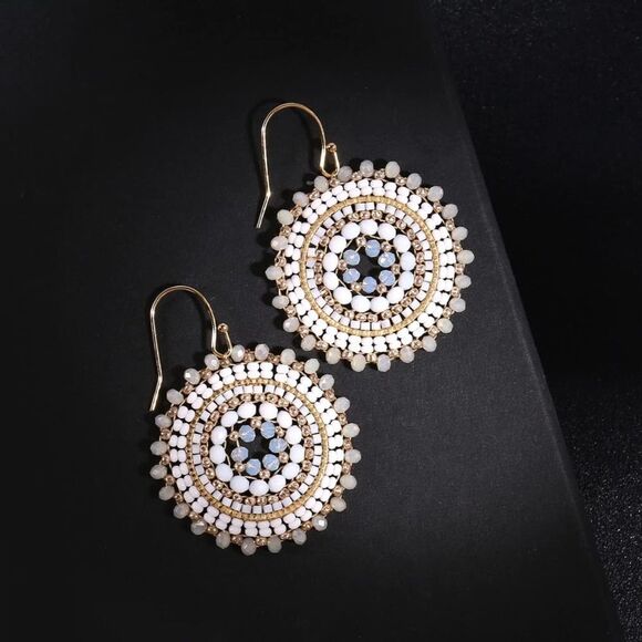 White and Gold Beaded Crystal Round Disc Boho Statement Dangling Hook Earrings - Picture 2 of 6